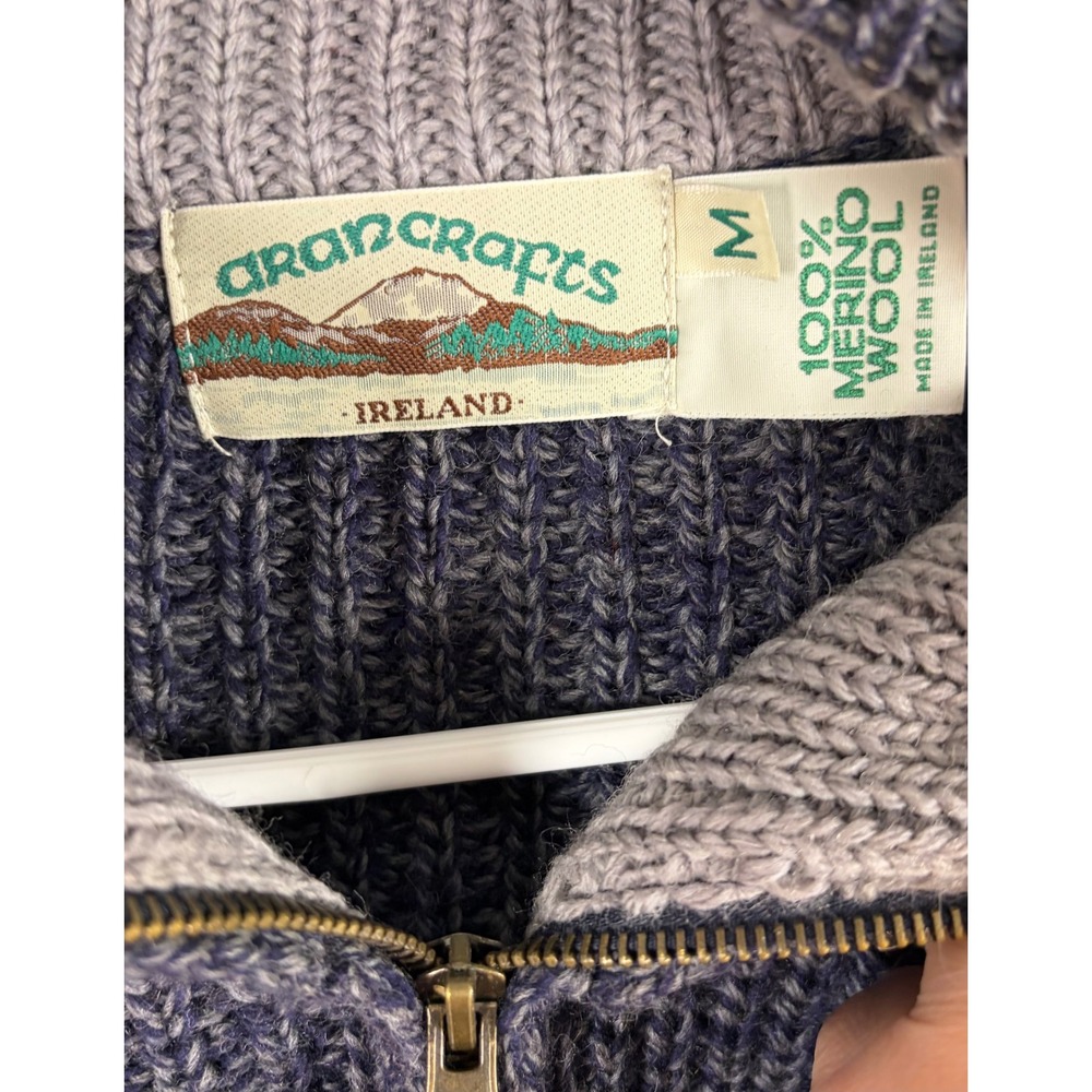 Aran Crafts Sweater Ireland Blue Merino Wool Men M 1/4 Zip Heritage Fisherman - Picture 4 of 8